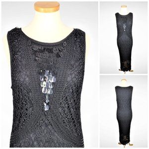 Vtg 1990s KROCHETTA Black Crochet Lace Maxi Tank Dress with Spangles SZ XL